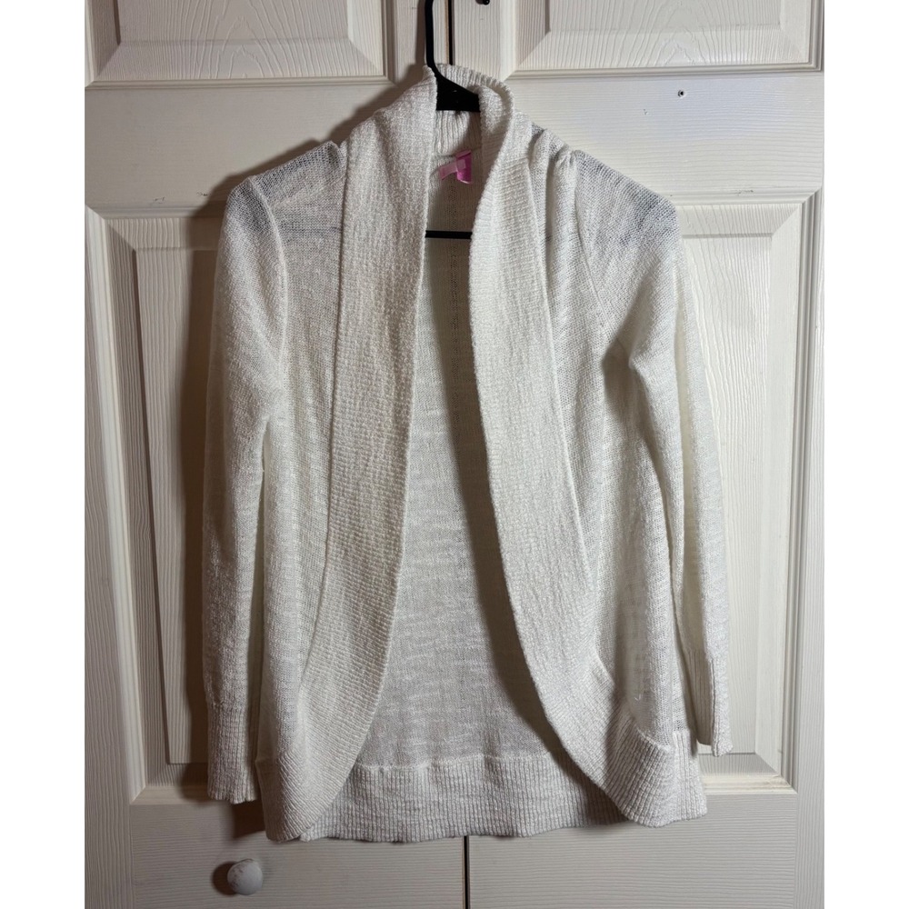 Lilly Pulitzer White Open Front Cardigan Shawl Collar Knit Sweater Small